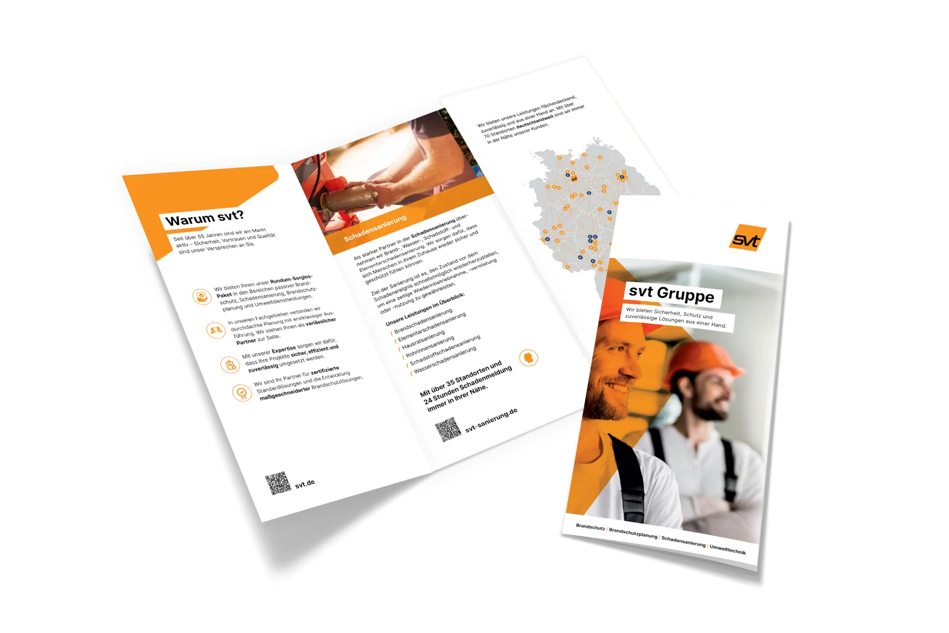Folded SVT Gruppe brochures with orange accents, including images of workers and a map infographic in a tilted stack